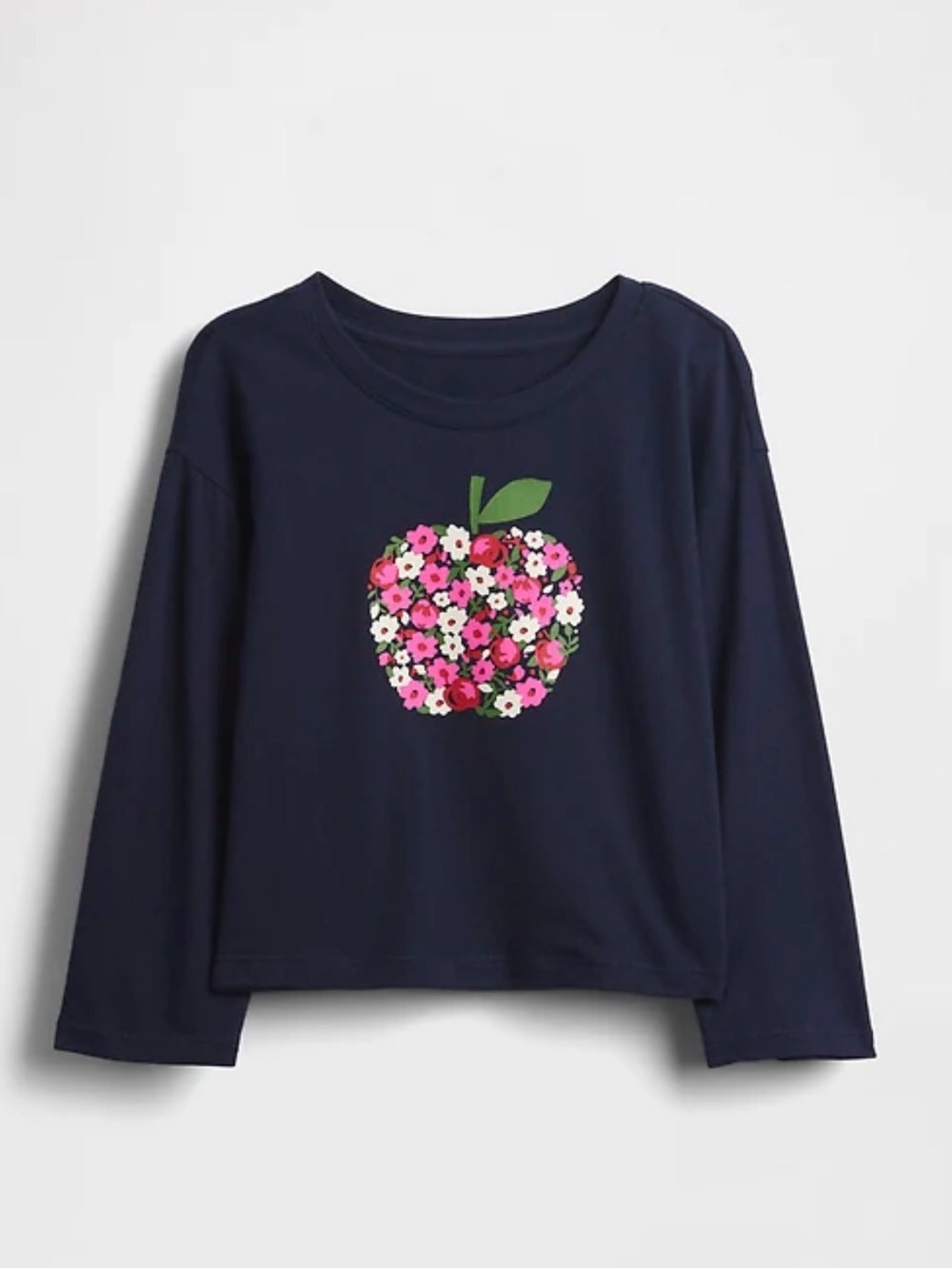 GAP Navy Long-Sleeve Tee with Pink Floral Apple Graphic